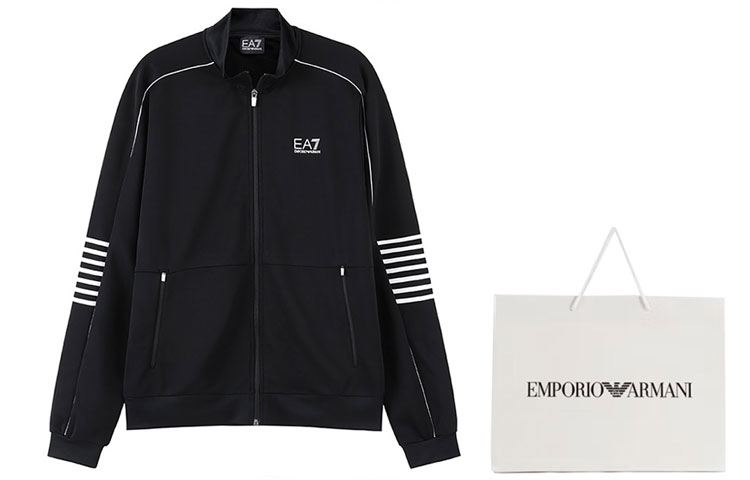 Shop Emporio Armani EA7 FW23 Baju Hitam Zip-Up dengan Cetakan Logo 6RPM07-PJ16Z-1200