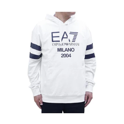 Emporio Armani EA7 FW23 White Logo Print Pullover Hoodie 3RUM04-PJ2SZ-1100