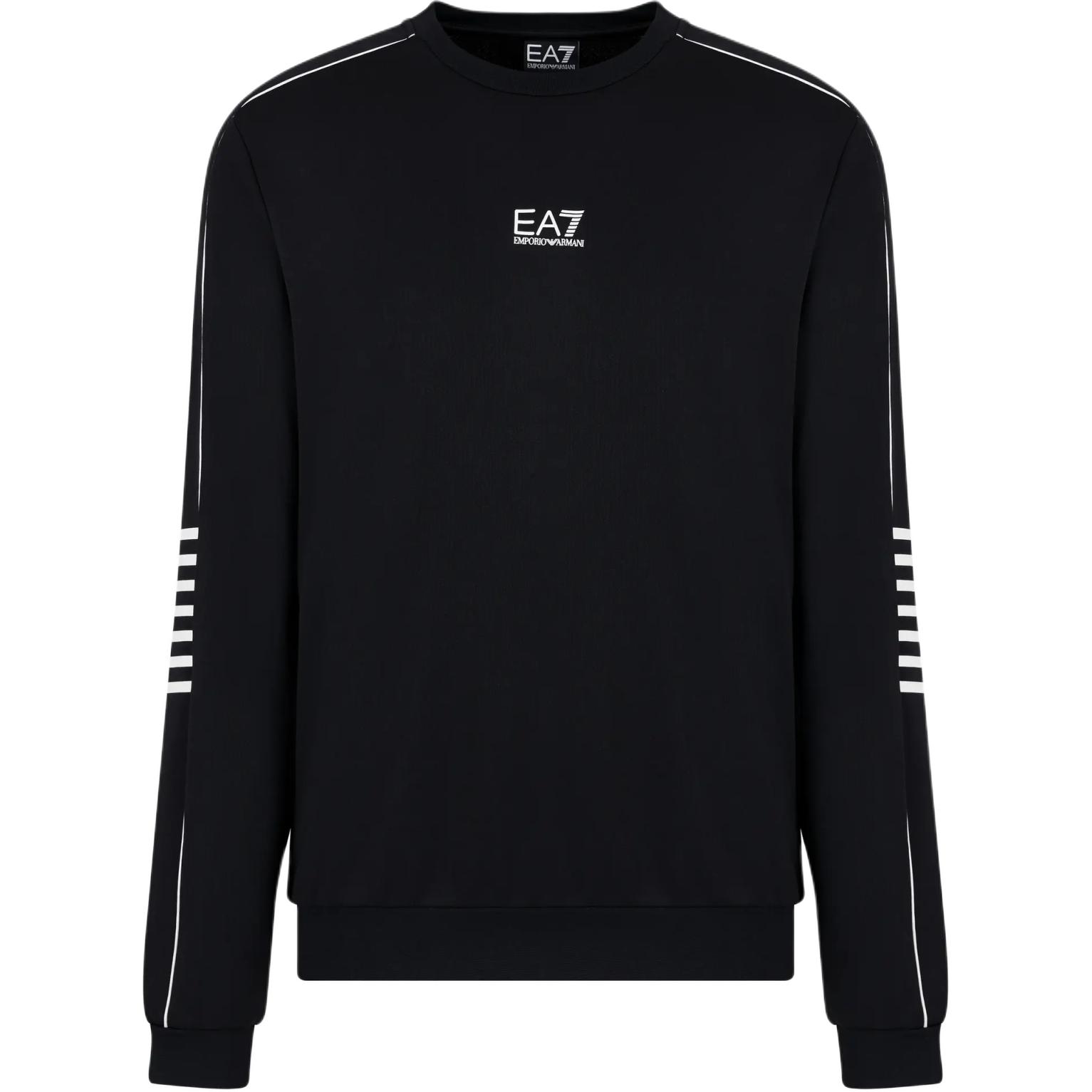 Emporio Armani EA7 FW24 Men’s Black Crewneck Sweatshirt with Logo and Stripe Trim 6DPM05-PJ16Z-1200