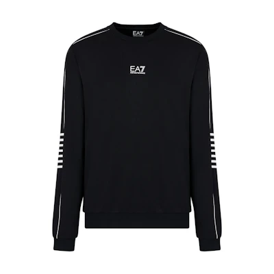 Emporio Armani EA7 FW24 Men’s Black Crewneck Sweatshirt with Logo and Stripe Trim 6DPM05-PJ16Z-1200