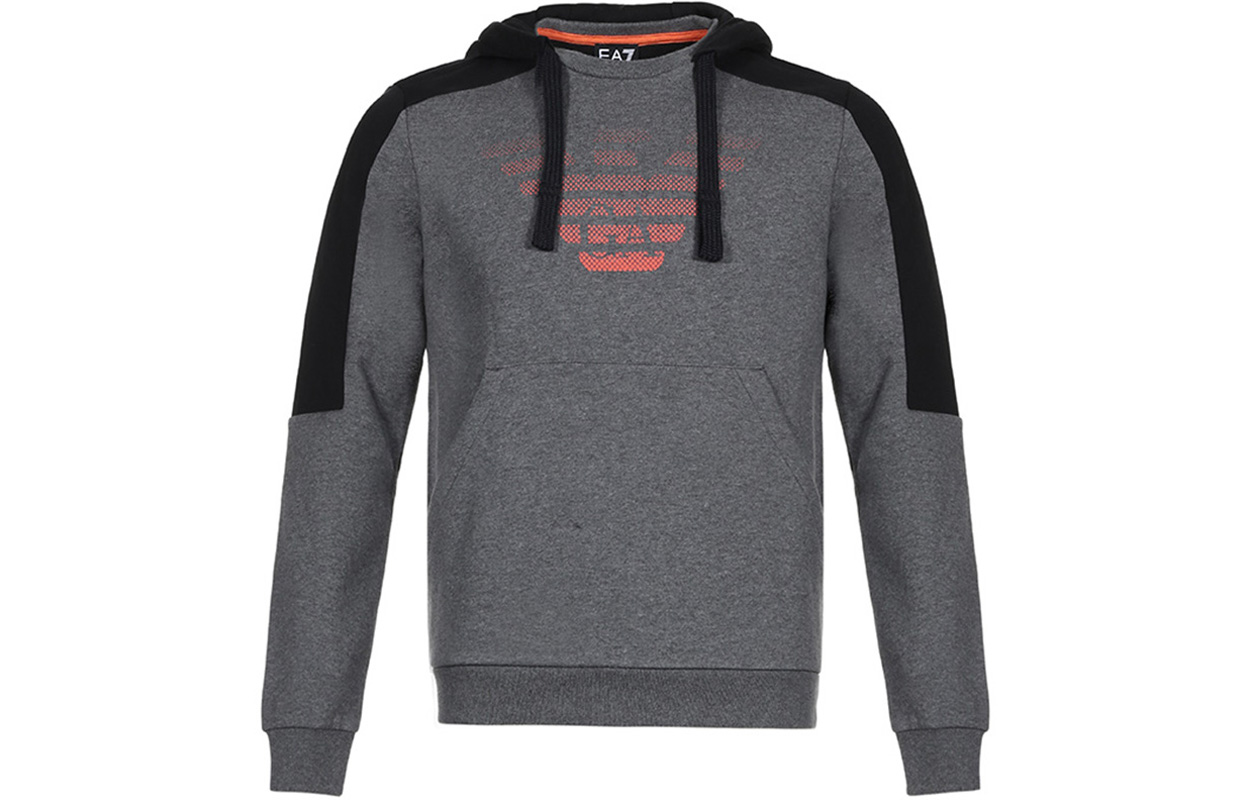 Emporio Armani EA7 Logo Fleece Hoodie Winter Gray Black Colorblock 6GPM19-PJ07Z-3925
