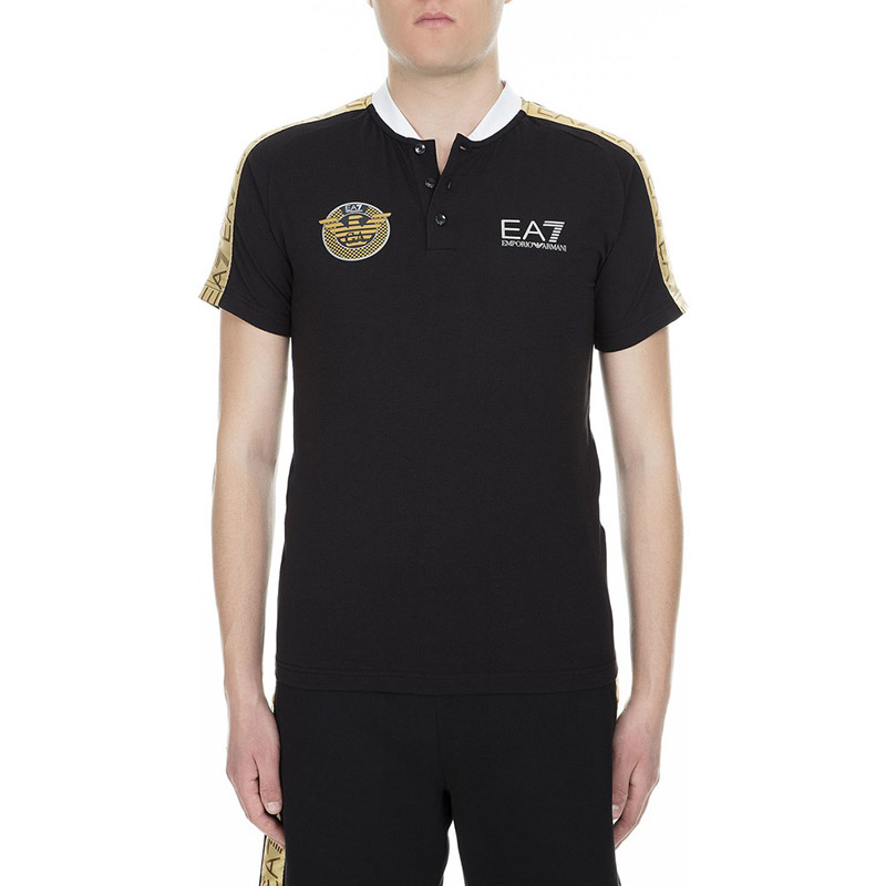 Shop 安普里奥·阿玛尼EA7徽标印彩块拼接黑金色POLO衫 3GPF60-PJL2Z-1200