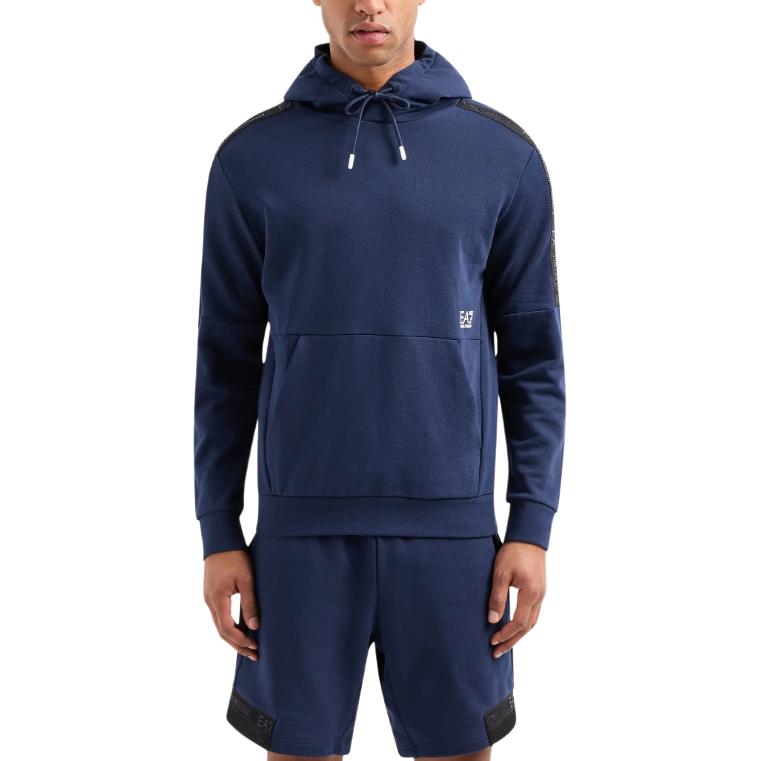 Shop Emporio Armani EA7 Hoodie Navy Blue Lengan Panjang dengan Cetakan Logo 3DPM57-PJEQZ-0554