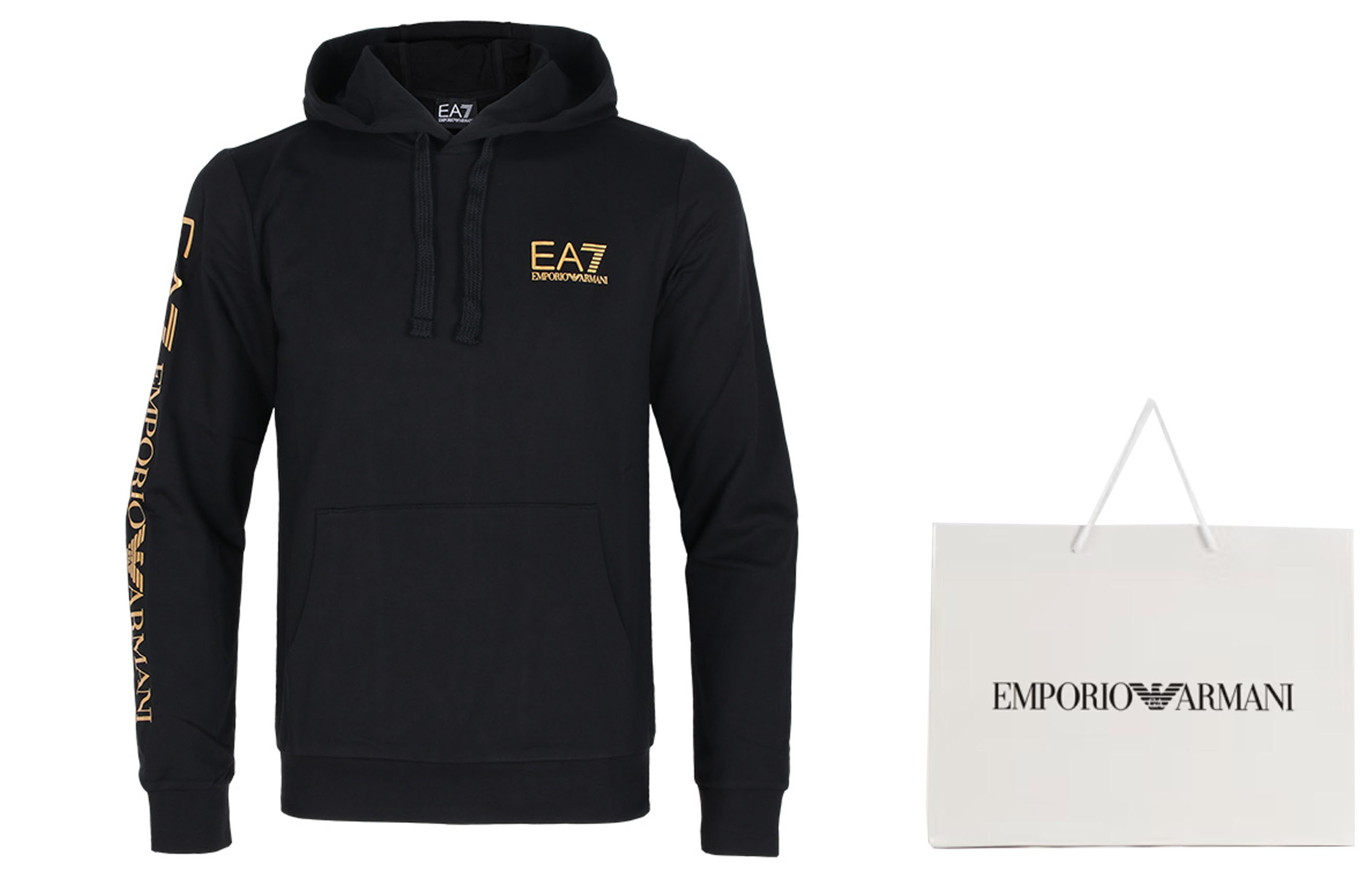 Lookbook Emporio Armani EA7 Logo Pullover Hoodie Lelaki Hitam Pakaian Kasual. 8NPM18-PJ05Z-1203