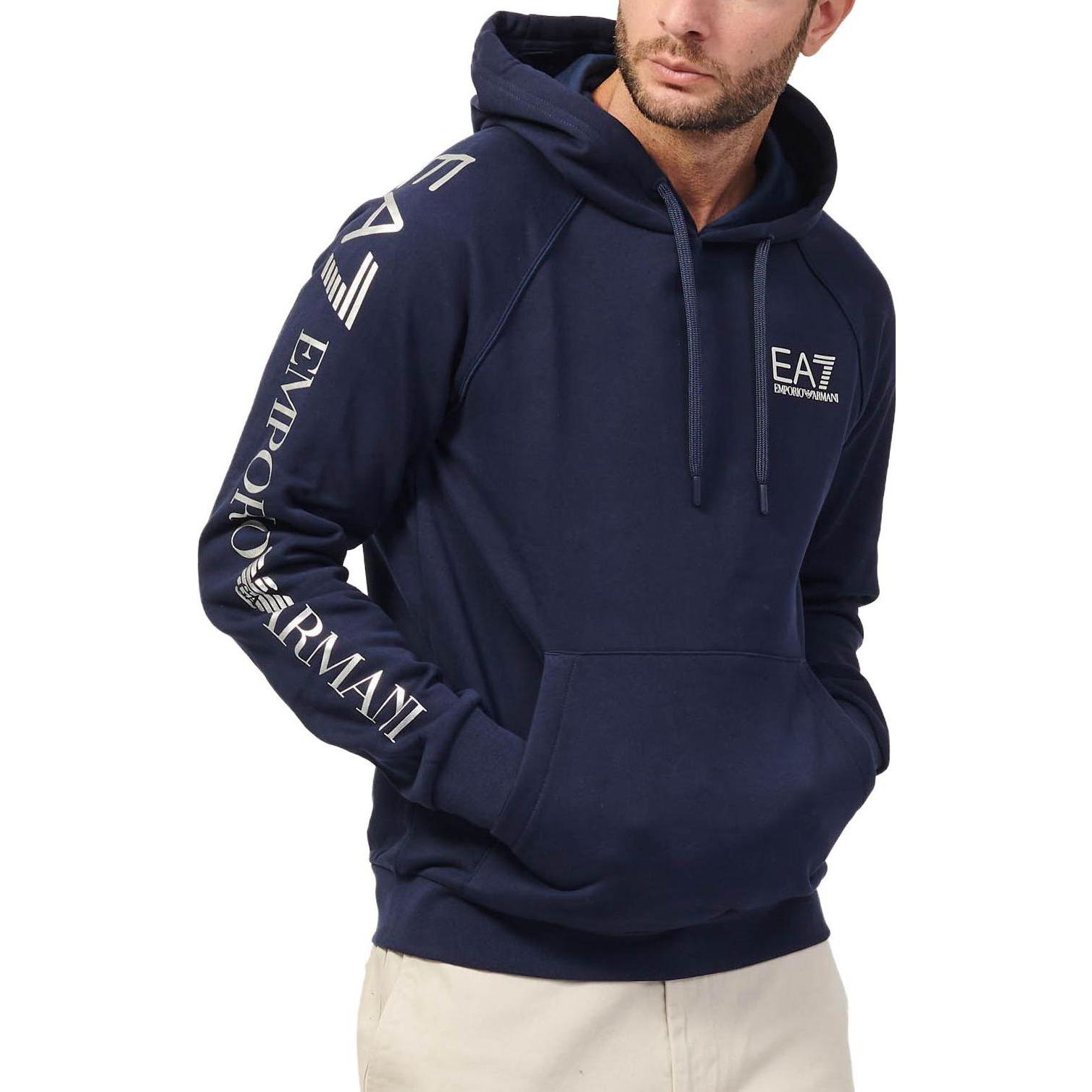 Lookbook Emporio Armani EA7 Navy Blue Hoodie Letter Print Sweatshirt Lelaki. 8NPM18-PJ05Z-1554