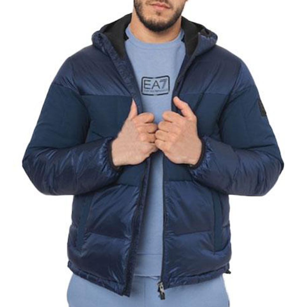 Emporio Armani EA7 Patchwork Hooded Zip Down Jacket Blue 6RPB01-PNEOZ-1554