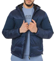 Emporio Armani EA7 Patchwork Hooded Zip Down Jacket Blue 6RPB01-PNEOZ-1554 Emporio Armani EA7 Patchwork Hooded Zip Down Jacket Blue 6RPB01-PNEOZ-1554