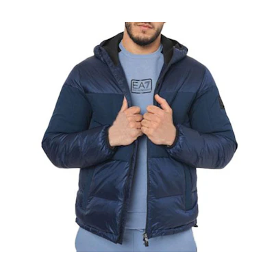 Emporio Armani EA7 Patchwork Hooded Zip Down Jacket Blue 6RPB01-PNEOZ-1554