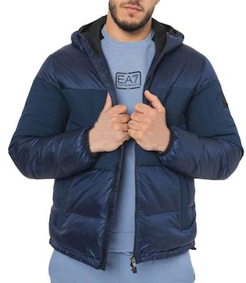 Emporio Armani EA7 Patchwork Hooded Zip Down Jacket Blue 6RPB01-PNEOZ-1554 Order Emporio Armani EA7 Patchwork Hooded Zip Down Jacket Blue 6RPB01-PNEOZ-1554