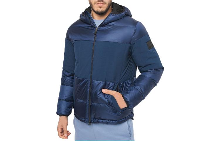 Shop Emporio Armani EA7 Patchwork Hooded Zip Down Jacket Blue 6RPB01-PNEOZ-1554