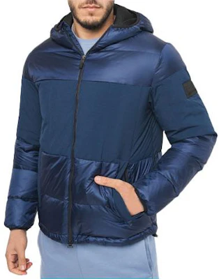 Emporio Armani EA7 Patchwork Hooded Zip Down Jacket Blue 6RPB01-PNEOZ-1554 Shop Emporio Armani EA7 Patchwork Hooded Zip Down Jacket Blue 6RPB01-PNEOZ-1554