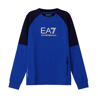 Emporio Armani EA7 SS22 Logo Crewneck Colorblock Sweatshirt Men’s Royal Blue 3LPM41-PJANZ-1597