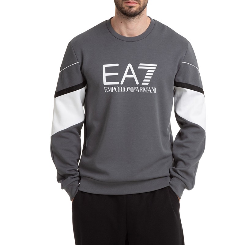 Emporio Armani EA7 SS22 Logo Print Colorblock Crewneck Sweatshirt Grey Men 6KPM03-PJ3MZ-1977