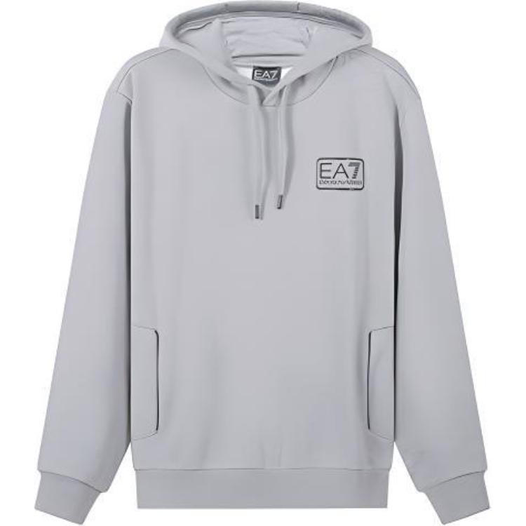 Emporio Armani EA7 SS22 Logo Print Cotton Fleece Hoodie Light Grey 3LPM96-PJ07Z-3905