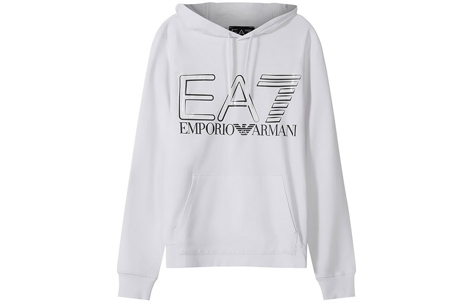 Emporio Armani EA7 SS22 White Logo Print Hoodie Long Sleeve Casual Wear 3LPM45-PJFGZ-1100