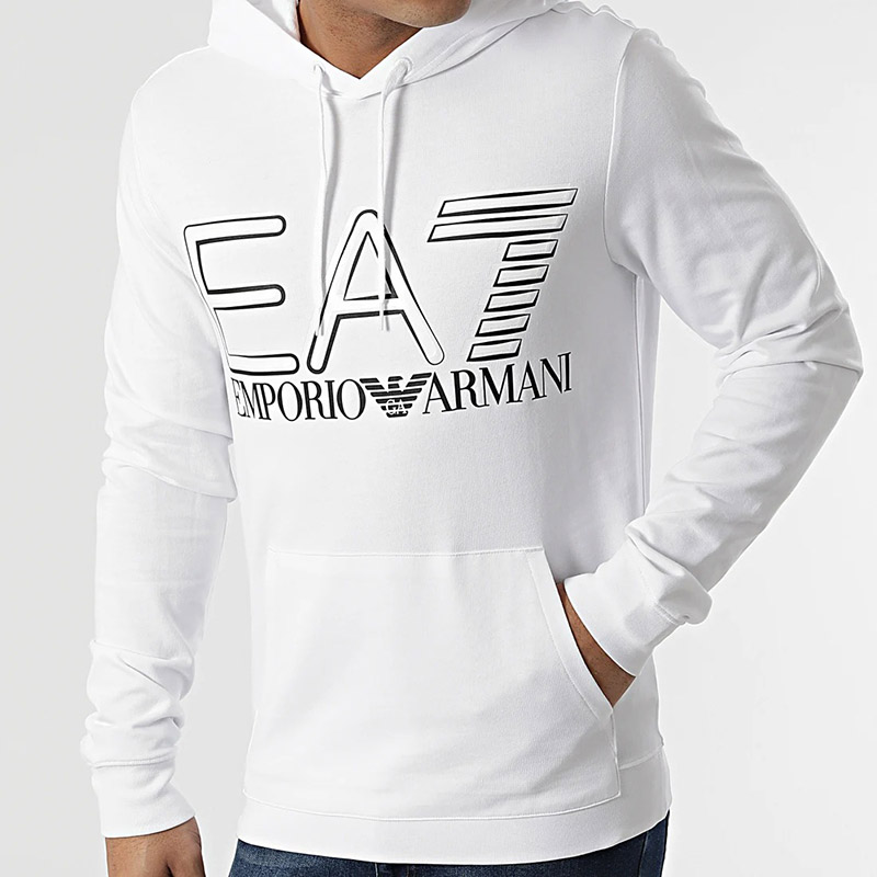 Shop Emporio Armani EA7 SS22 白色印花連帽衫 長袖休閒穿搭 3LPM45-PJFGZ-1100