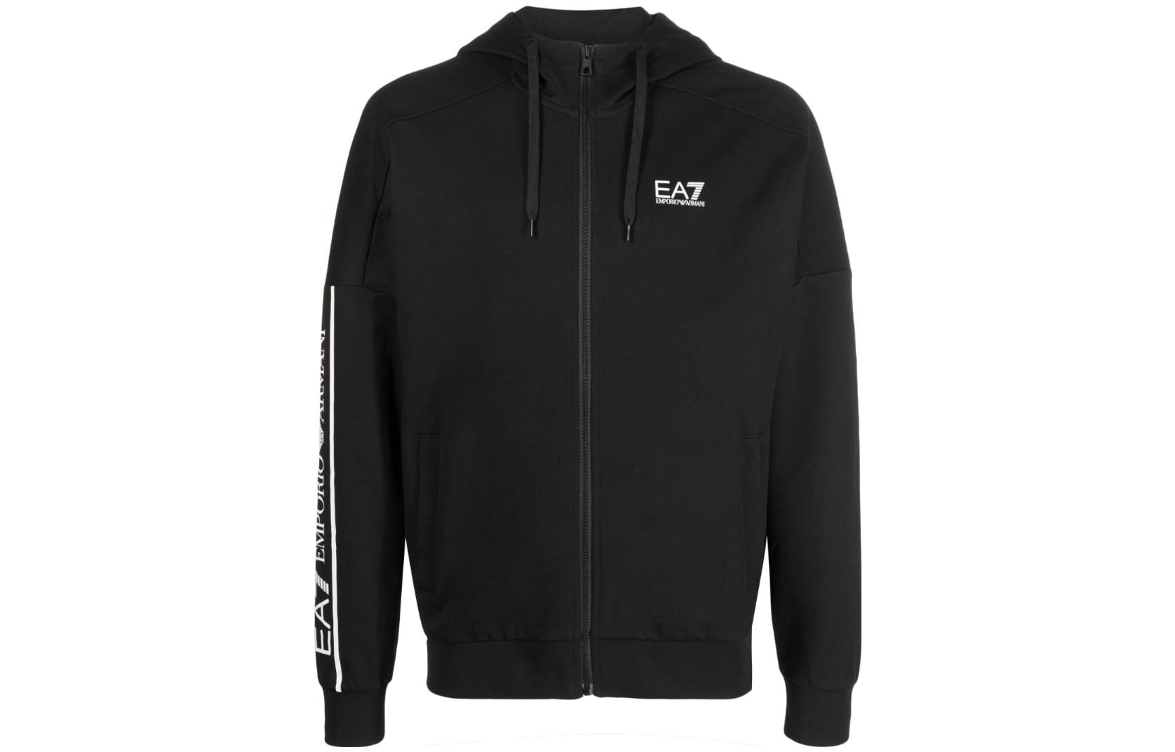 Emporio Armani EA7 SS23 Black Logo Print Hooded Drawstring Jacket 3RPM63-PJ05Z-0200