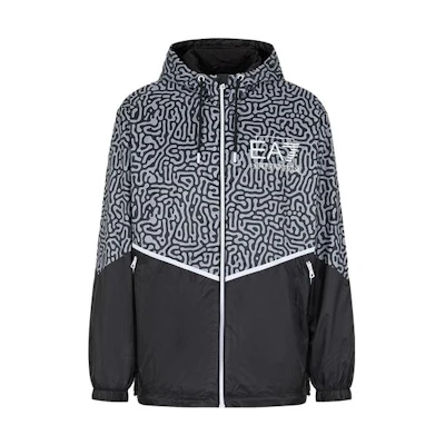 Emporio Armani EA7 SS23 Black Logo Print Zip-Up Hooded Jacket 3RPB04-PN5ZZ-1200