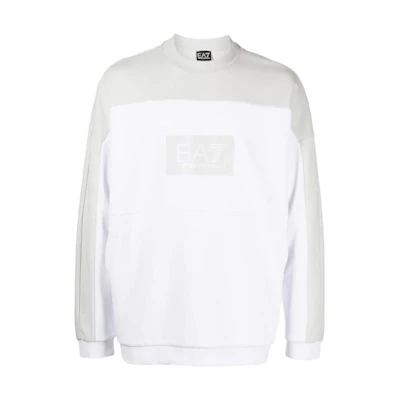 Emporio Armani EA7 SS23 Colorblock Logo Print White Long Sleeve Sweatshirt Men 3RPM27-PJF3Z-1100