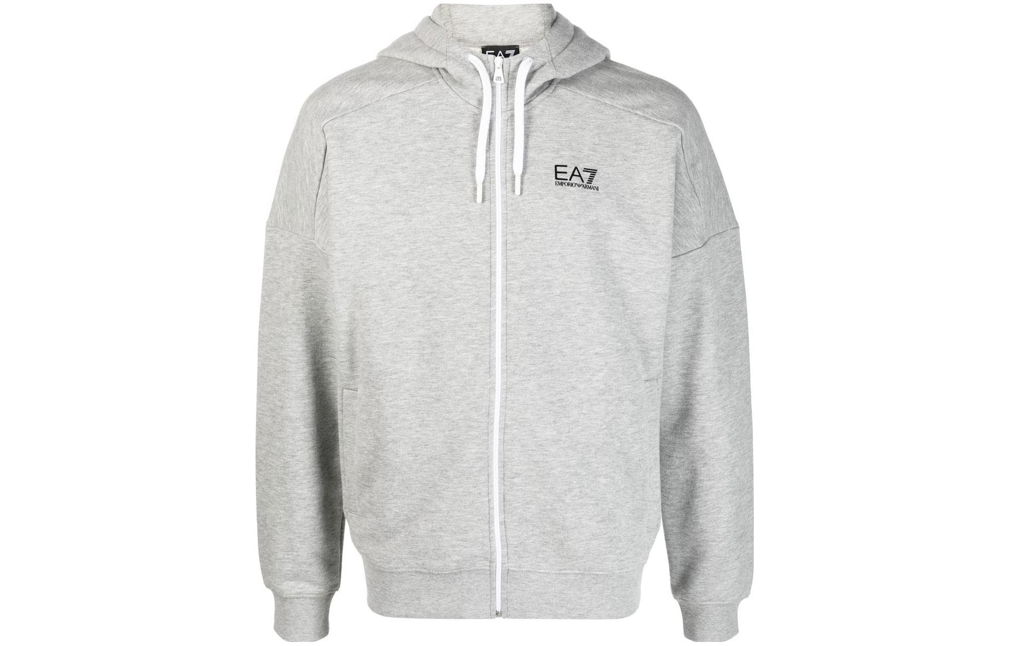 Emporio Armani EA7 SS23 Grey Hoodie with Logo Embroidery and Drawstring 3RPM19-PJLSZ-0905