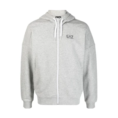 Emporio Armani EA7 SS23 Grey Hoodie with Logo Embroidery and Drawstring 3RPM19-PJLSZ-0905