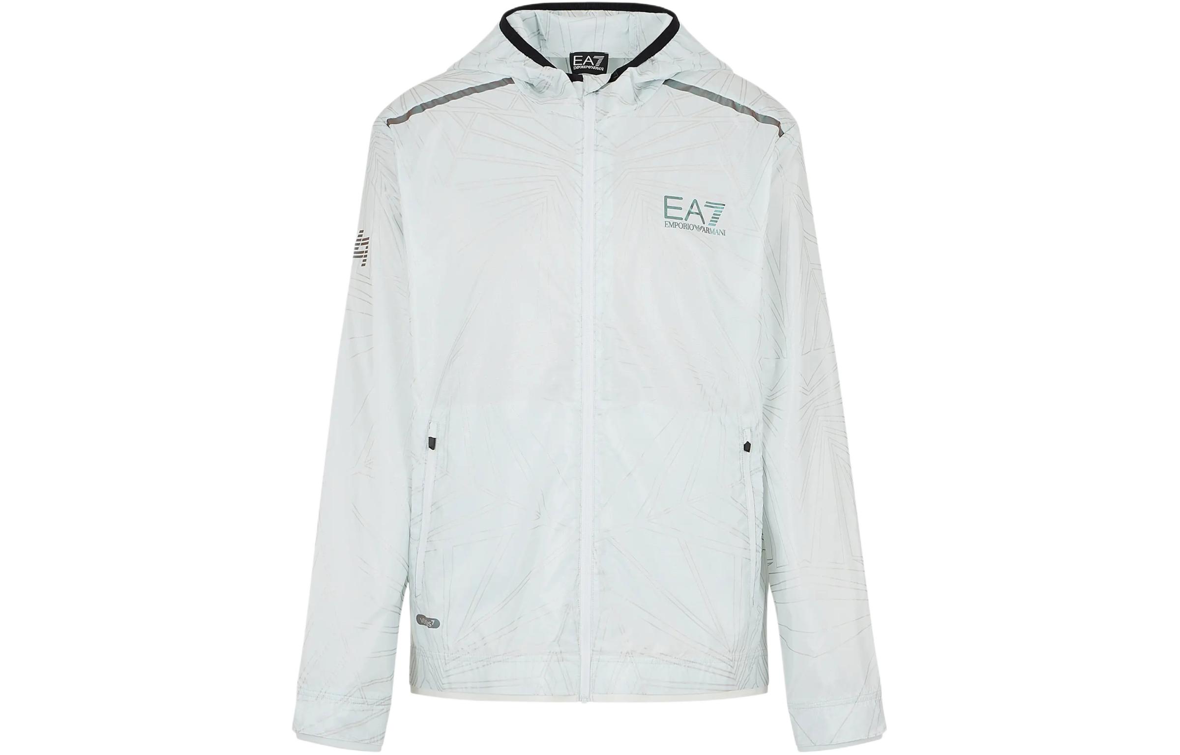 Emporio Armani EA7 SS24  Silver White Logo Print Zip-Up Hoodie Jacket. 3DPB02-PNFHZ-1133