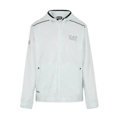 Emporio Armani EA7 SS24 Silver White Logo Print Zip-Up Hoodie Jacket. 3DPB02-PNFHZ-1133