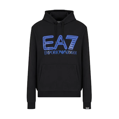 Emporio Armani EA7 SS24 Black Hoodie with Logo Print Design 3DPM64-PJSHZ-1200