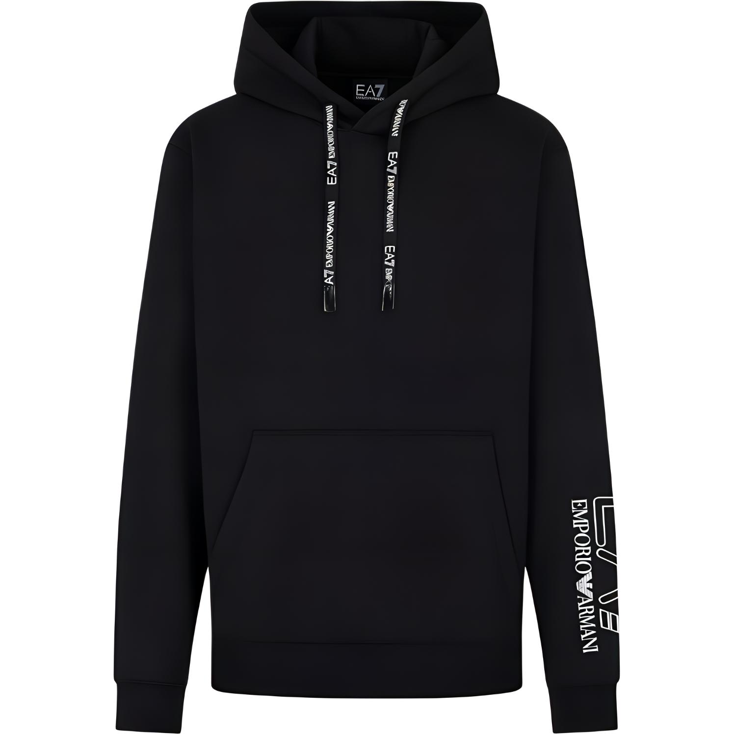 Emporio Armani EA7 SS24 Black Hoodie with Sleeve Letter Print Unisex 3DUM03-PJTKZ-1200