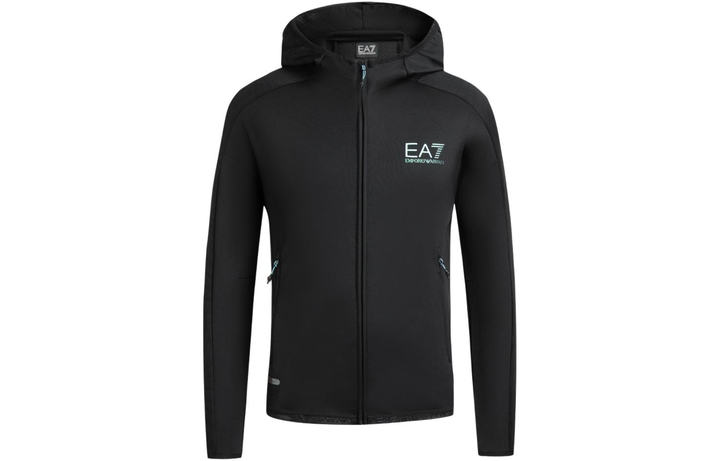 Emporio Armani EA7 SS24 Logo Print Casual Hoodie Jacket Men’s Black 3DPM30-PJAHZ-1200