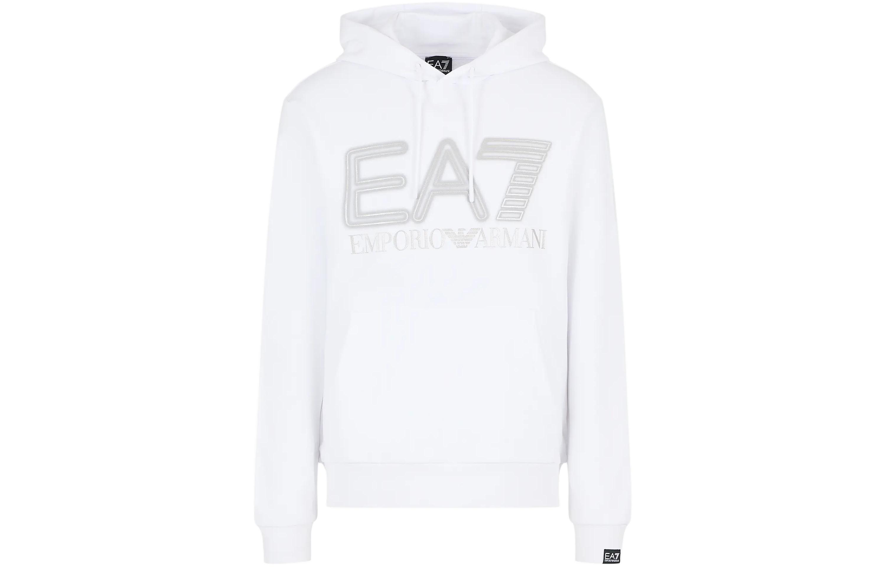 Emporio Armani EA7 SS24 Logo Print Hoodie White Long Sleeve Casual Wear 3DPM64-PJSHZ-1100
