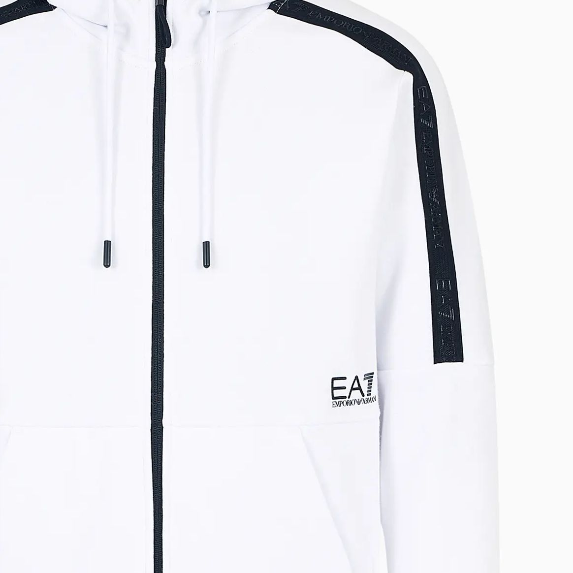 Details for Sudadera con Capucha Emporio Armani EA7 SS24 Blanca de Manga Larga con Logo. 3DPM88-PJEQZ-1100