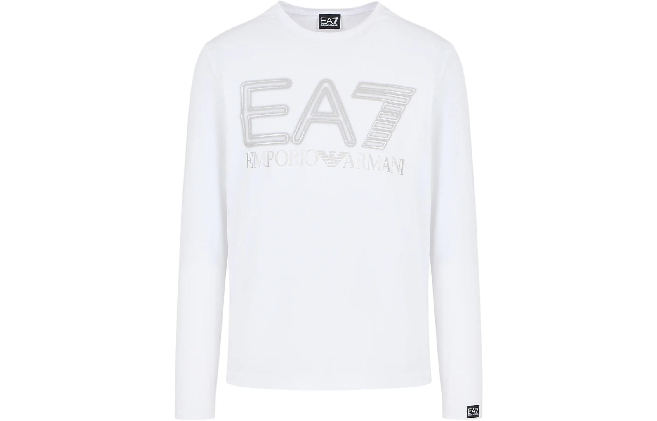 Emporio Armani EA7 SS24 Logo Print Slim-Fit Long Sleeve Tee Unisex White. 3DPT38-PJMUZ-1100