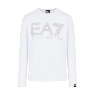 Emporio Armani EA7 SS24 Logo Print Slim-Fit Long Sleeve Tee Unisex White. 3DPT38-PJMUZ-1100