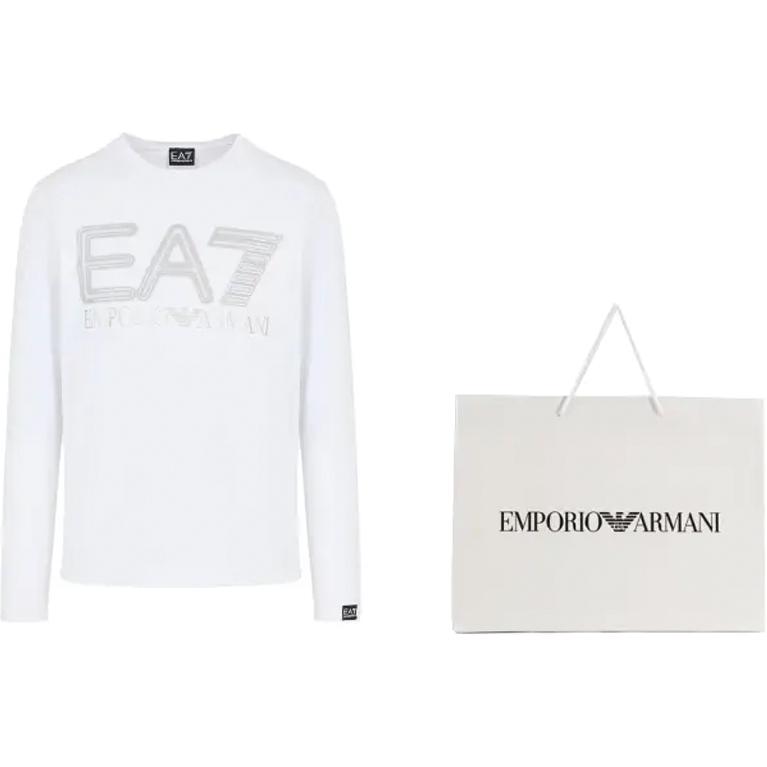 Lookbook Emporio Armani EA7 SS24 Logo Print Slim-Fit Long Sleeve Tee Unisex White. 3DPT38-PJMUZ-1100