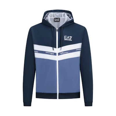 Emporio Armani EA7 SS24 Logo Stripe Colorblock Zip Hoodie Jacket Navy 3DPM35-PNDOZ-1554