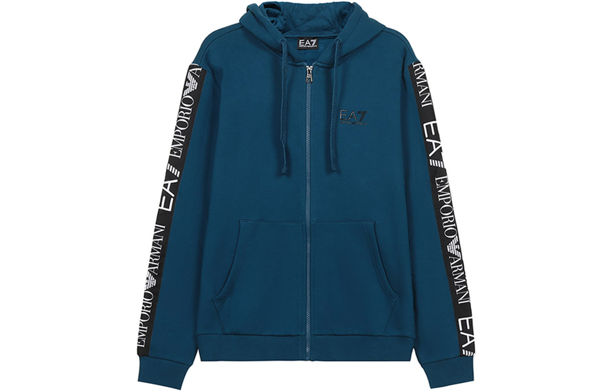 Emporio Armani EA7 Teal Fleece Zipper Hoodie with Letter Print 6HPM12-PJ07Z-1546