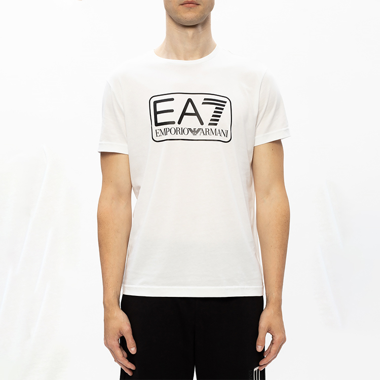 Shop エンポリオアルマーニ EA7 ホワイト コットン ロゴ プリント Tシャツ 8NPT10-PJNQZ-1100