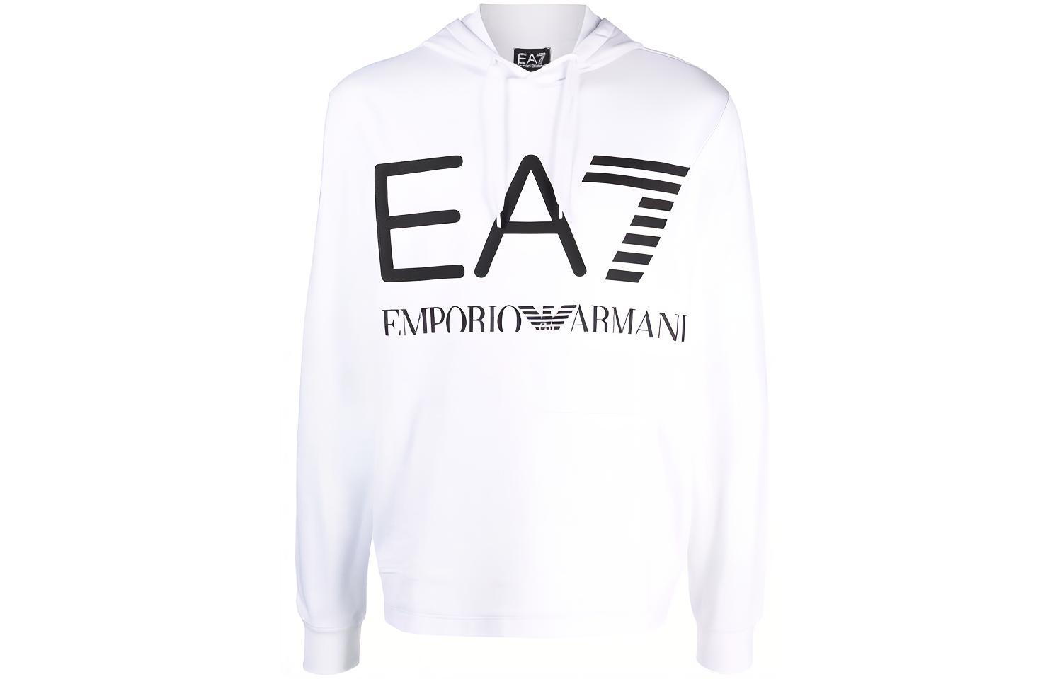 EMPORIO ARMANI EA7 White Logo Print Hoodie with Long Sleeves. 6KPM69-PJBWZ-1100