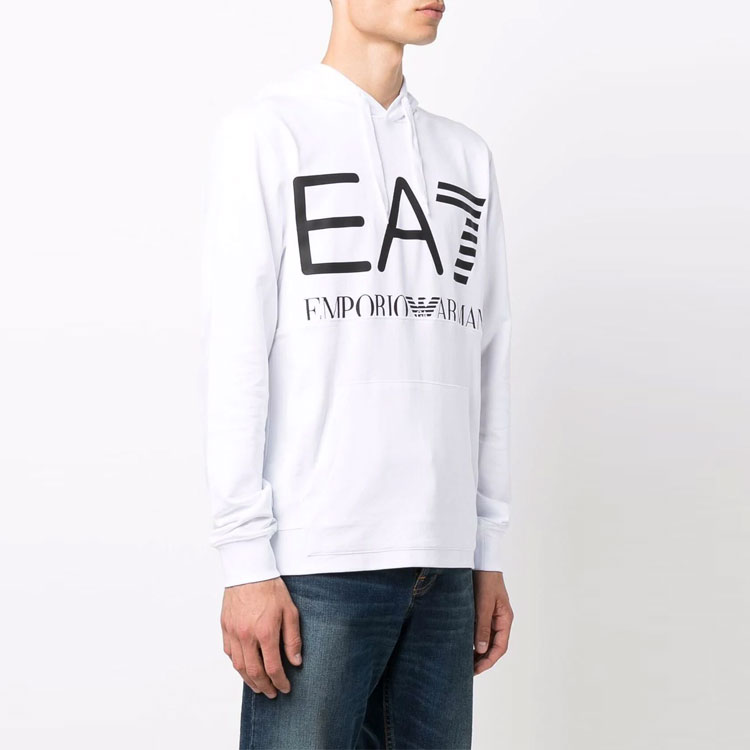 Shop EMPORIO ARMANI EA7 White Logo Print Hoodie with Long Sleeves. 6KPM69-PJBWZ-1100