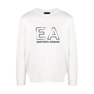 Emporio Armani EA SS22 White Distressed Logo Pullover Sweatshirt 3L1MFG-1JHSZ-0117