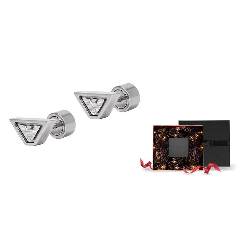 Details for Emporio Armani Engraved Eagle Trapezoid Steel Earrings Silver for Men. EGS3130040