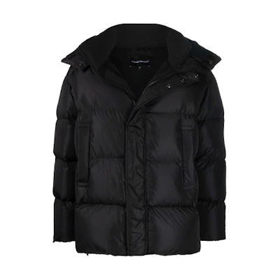 EMPORIO ARMANI FW21 Black Down Jacket with Logo and Zip-up Hood. 6K1B99-1NQTZ-0999