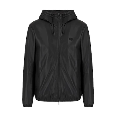 Emporio Armani FW21 Black Full-Zip Leather Hoodie Jacket. 01R54P-01P54-999