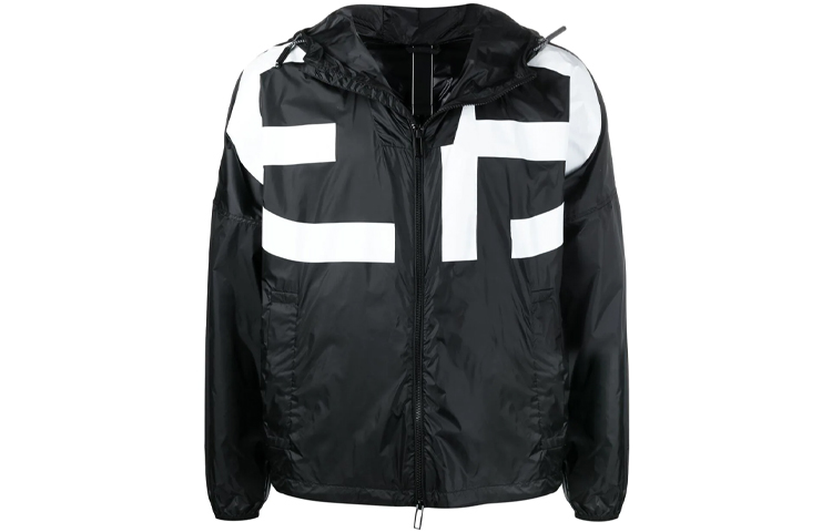 Emporio Armani FW21 Black Lightweight Hoodie Jacket with Front Logo Print 3K1BN0-1NLYZ-0999