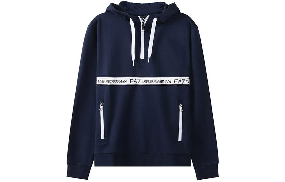 Emporio Armani FW21 Blue Half-Zip Logo Hoodie with Lettered Waistline 3KPM26-PJ05Z-1554