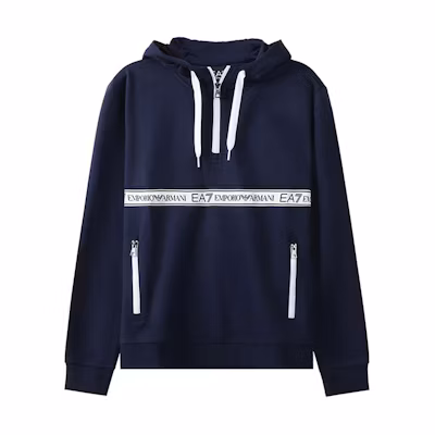 Emporio Armani FW21 Blue Half-Zip Logo Hoodie with Lettered Waistline 3KPM26-PJ05Z-1554