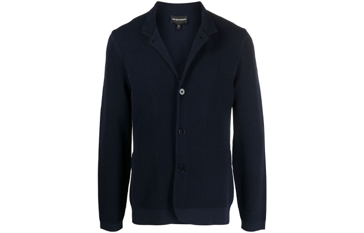Emporio Armani FW21 Buttoned Piqué Knit Blazer Jacket - Navy Blue 3K1GY1-1-MF6Z
