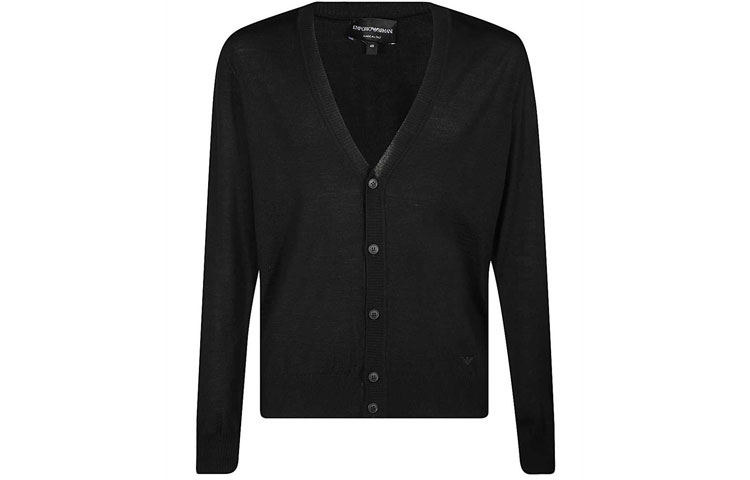 EMPORIO ARMANI FW21 Essentials Black Logo V-Neck Wool Knit Sweater. 8N1E21-1M67Z-0999