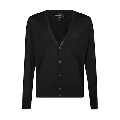 EMPORIO ARMANI FW21 Essentials Black Logo V-Neck Wool Knit Sweater. 8N1E21-1M67Z-0999